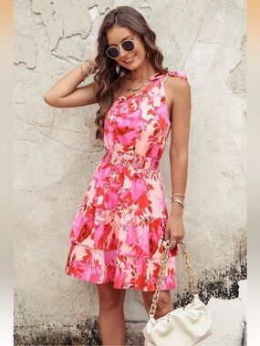 Pretty Garden One-Shoulder Pink Floral Tiered Boho Dress NWT